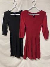 2 Chaps Knit Dresses Black & Red 3/4 Sleeve Knee Length Cotton Nylon Size Medium