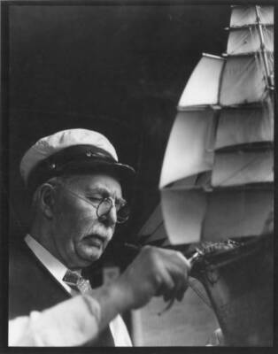 Captain Fred Katsch working on a model ship, Sailors Snug Harbor, - Old Photo