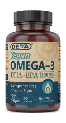 DEVA Vegan Omega-3 DHA EPA Supplement Once-Per-Day Softgel 300 MG - Carrageen...