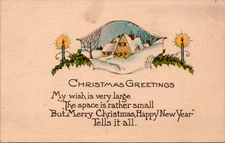 Christmas Greetings Green Candle Mistletoe Snowy Winter Scene Postcard