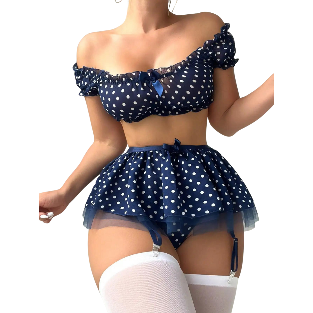 Garter Mini Skirt Off Shoulder Lingerie Set with Stockings Crop Top Skirt Set-image