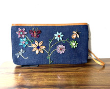 Mystique Purse Clutch Vintage Pronged Rhinestones Denim Wristlet 14.5x8" Rare