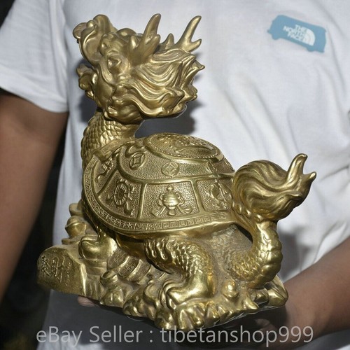 10" Old Chinese Brass Fensghui Dragon Tortoise Turtle Yuanbao Wealth Statue - Picture 6 of 9
