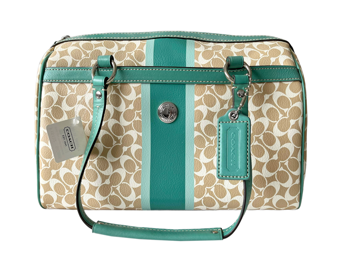 Coach Green & White Chelsea Heritage Stripe Leather Satchel Purse