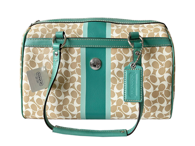 Coach Green & White Chelsea Heritage Stripe Leather Satchel Purse