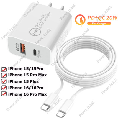 For iPhone 15 16 Pro Max 20W USB C Fast Charger Block Type C Cable Power Adapter
