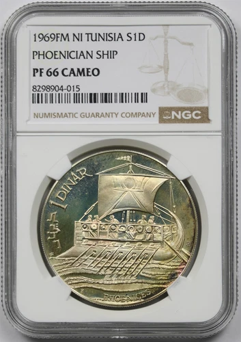 1969FM NI Tunisia Phoenician Ship Silver Dinar NGC PF 66 Cameo 