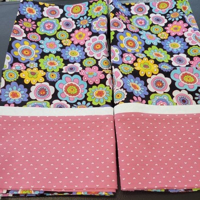 Pair of Homemade Cotton Multicolor Retro Flowers Pillowcases-handmade, std size