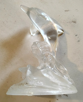 Glass Dolphin In Waves Sculpture Clear Lead Crystal 6.5''