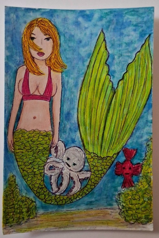 3DBeccaart Original Mermaid Painting .. "Milly, Mike & Mo" .. 4" x 6" in Size
