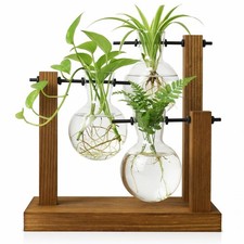 OVIMYNE Plant Propagation Station, Wooden Stand with 3 Glass Vases Brown