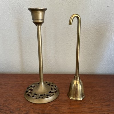 Vintage Solid Brass Candle Holder and Snuffer 6  Gold Taper Intricate Basec