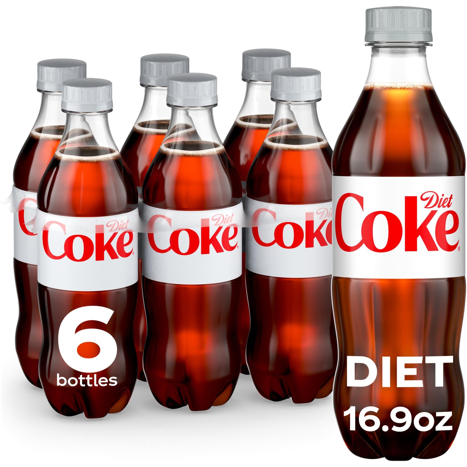 Diet Coke Soda, 16.9 fl oz Bottles, 6 (Pack of 6), Rich brown 