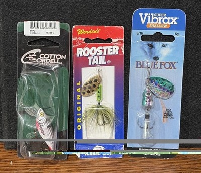 3 Fishing Lure Lot Rooster Tail Vibrax Blue Fox Cotton Cordell Wounded Shad New