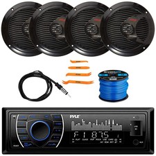 Pyle PLRMR27BTB Single DIN Marine Receiver, 4x 6.5" 150W Speakers, Antenna, Wire