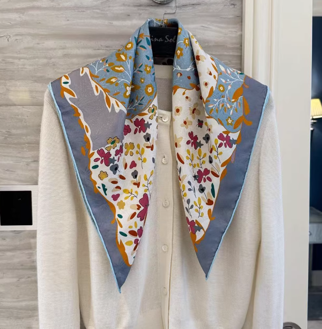 100% Silk Mulberry Wrap Shawl Square floral fragments Print Bandanna Scarf 26''