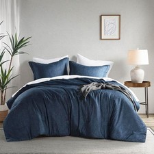 US Camden 3-Piece Navy Microfiber King/Cal King Chambray Print Solid Comforter S