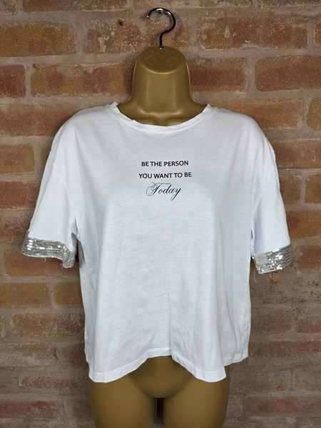 Zara White Slogan T Shirt Sequin Sleeve Cuffs Cotton Top Size S Cropped