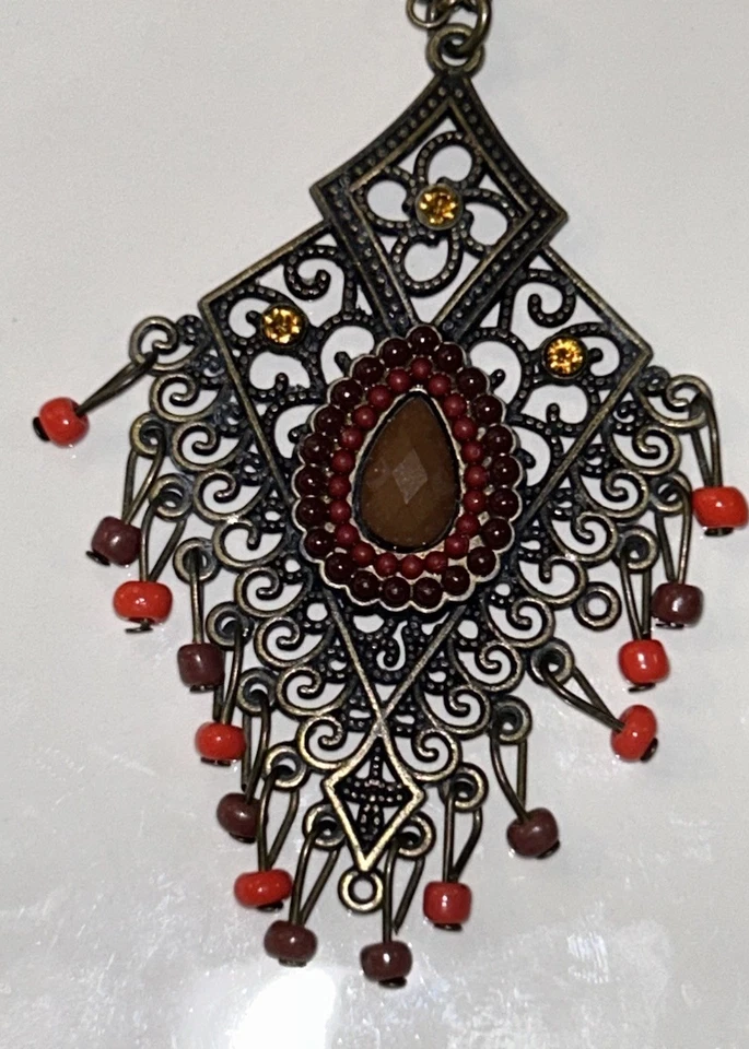 4 件波西米亚吊坠项链-猫头鹰吊坠、猫树脂、羽毛、金银丝珠;1990 年代 — 第 2/4 张图片