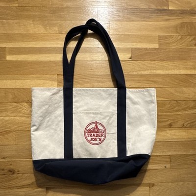 Vintage Trader Joe's Canvas Tote Beige & Navy Blue