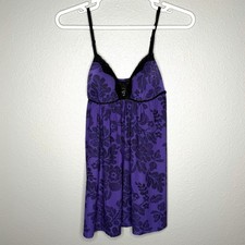 VTG Y2K Fairycore Purple Floral Babydoll Nightgown L Molded Cup Lace Chemise