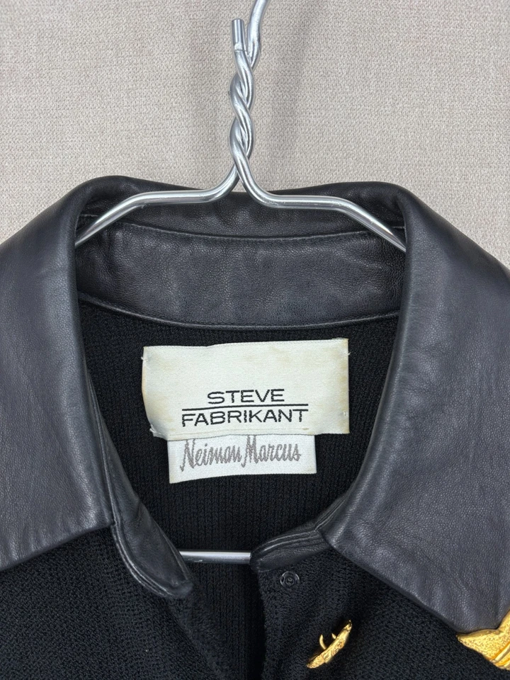 复古 Steve Fabricant 连衣裙 S 黑色 Santana 针织金色纽扣皮革旗帜 — 第 3/4 张图片