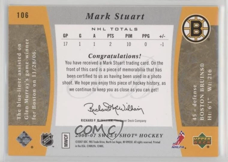2006-07 Upper Deck Sweet Shot Sweet Beginnings /499 Mark Stuart #106 Rookie RC - Image 2 of 2