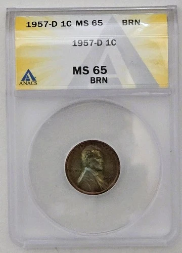 1957-D Lincoln Wheat Cent - ANACS Graded MS65 BRN (Brown) - FREE SHIPPING!