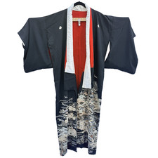 Japanese Black Kurotomesode Kimono Silk Trad'l Vtg Gardens Cranes Red Lining