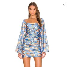 Perfect Revolve Nookie Simone I've blue floral ruched mini long sleeve Dress s