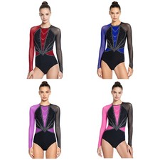 Women Dancewear Competition Bodysuit Training Leotard Holiday Glitter Mesh Yoga