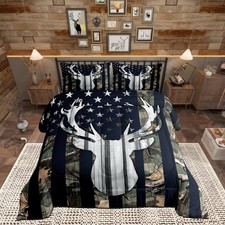 Camo American Flag Kids Comforter Sets Full Size,Deer Antlers Army Green Camo...