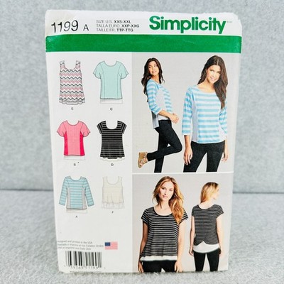 Simplicity 1199 Plus Size Tops w Round Neckline Pullover Misses XXS XXL Pattern