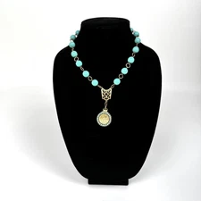 Vintage Grandmother's Buttons Glass Necklace with Ornate Gold Button Pendant