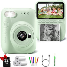 Kids Digital Camera Instant Print 3.0 Inch HD 32MP 1080P Green with Printer