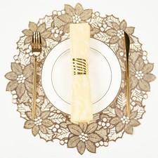 Set of 6 Gold Round Leaf Blooming Placemats Pressed Vinyl 15 inch Non-Slip