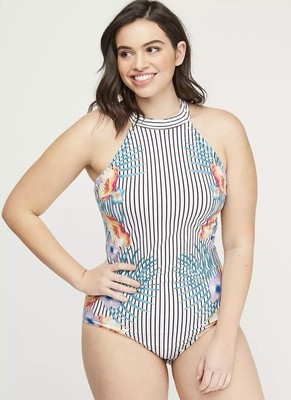 Swim By Cacique Floral Striped Mock Neck One Piece Swimsuit No Wire Bra Size 18