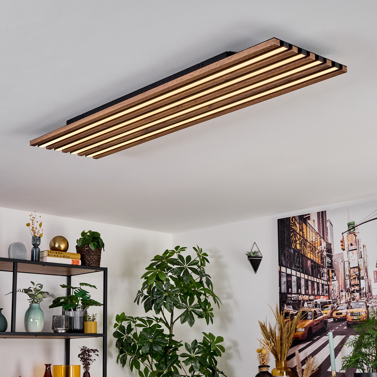Schwarze Deckenlampe 40W, 3000K, Metall/MDF/Kunststoff, Holzoptik für Küche