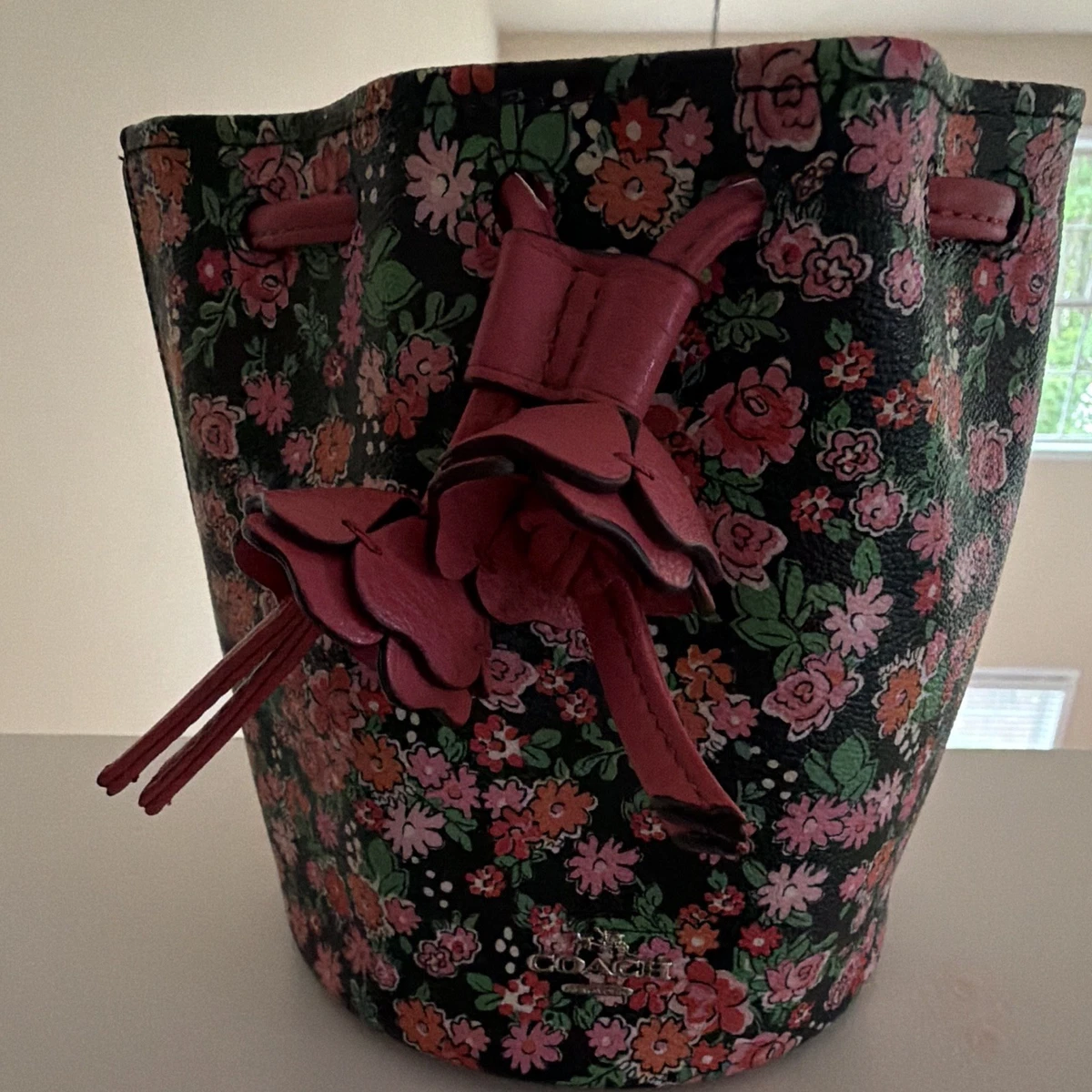 Embroidered Drawstring Suede Floral Bucket Bag - Black & Brown with Blue Flowers Drawstring Pouch Leather Bucket Bag Purse Blue Floral Suede  main image 4