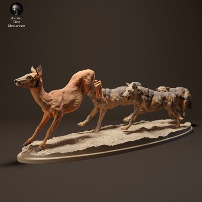 Iberische Wölfe jagen Reh - 3D gedrucktes Modell - unbemalt - Tiere Miniaturen