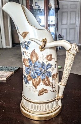 Royal Worcester Pitcher Tusk Shape Ice Jug Ewer Blush Ivory Antler Handle C1886