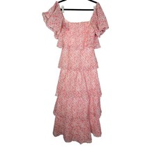 Vintage 70s Pink Floral Union Made Tiered Ruffle Dress Midi Garden Preppy
