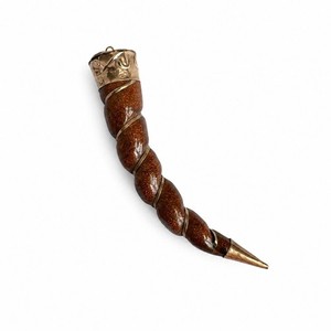 Authentic Vintage Brown Resin Cornicello Horn Pendant Gold Plated Lucky Charm