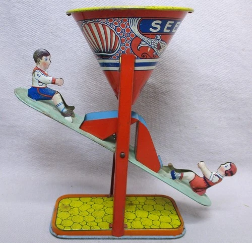 Vintage  J. Chein Tin Litho See Saw Sand Toy ~ Teeter Totter w/ Boy & Girl