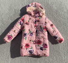 Girls Kids Pink Floral Fashion Hooded Coat - Fur Collar Parka- Size Y 8-10