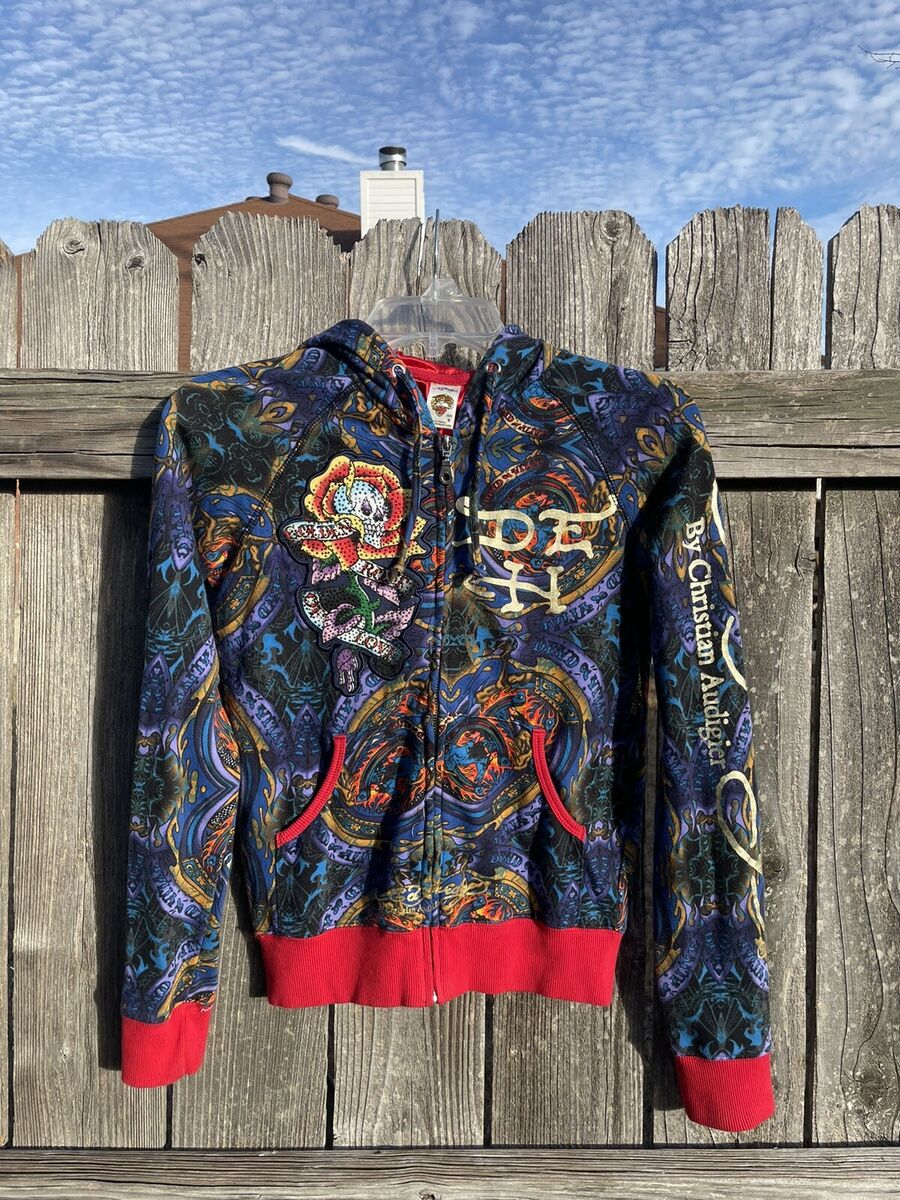 Vintage Ed Hardy Womens Zip Hoodie Size Medium All Over Vintage Ed Hardy Womens Zip Hoodie Size Medium All Over