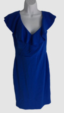 $175 Ralph Lauren Women's Blue Sleeveless Ruffled V-Neck Sheath Dress Size 8