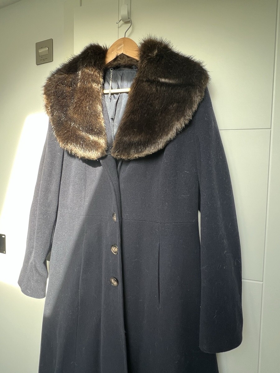 Laura Ashley Vintage Wool faux fur collar Fit Flare Long Riding
