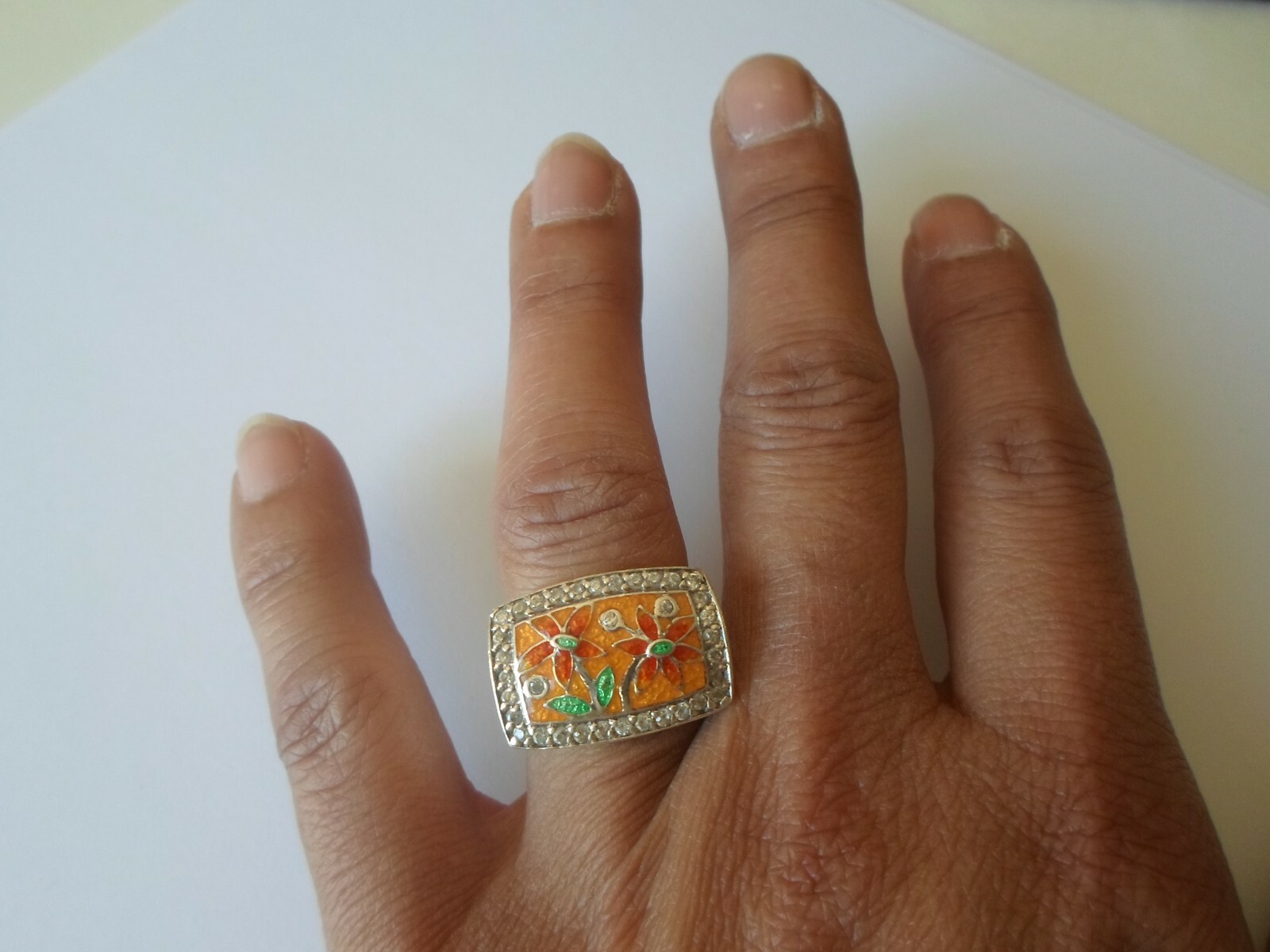 solid silver ring, knight, floral paint, zirconiu… - image 2