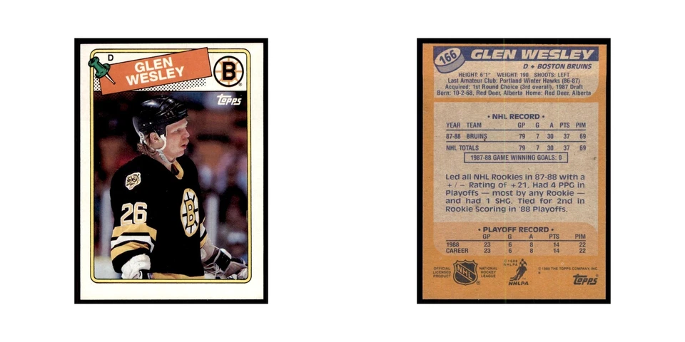 Glen Wesley Rookie 1988 Topps #166 Boston Bruins Hockey Card NM - Image 3 of 3